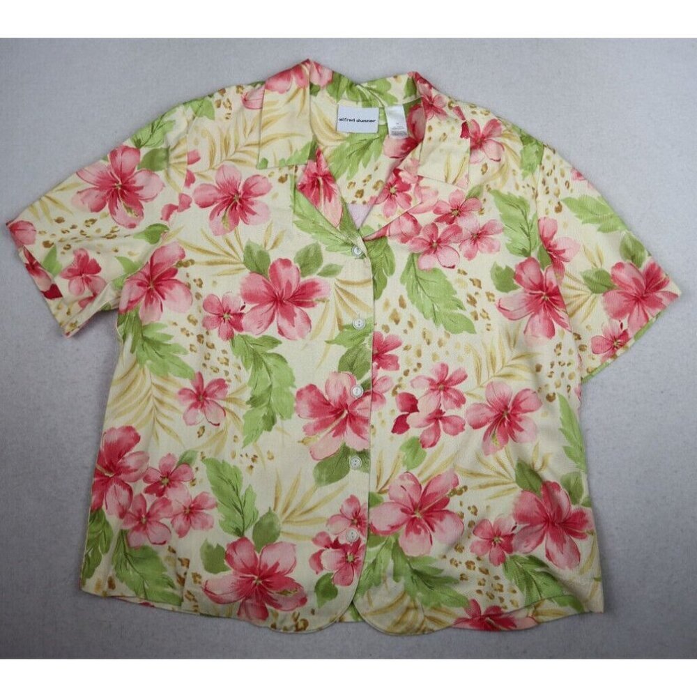 ALFRED DUNNER - WOMENS YELLOW FLORAL PRINT SHORT SLEEVE BUTTON-UP TOP - SIZE 14